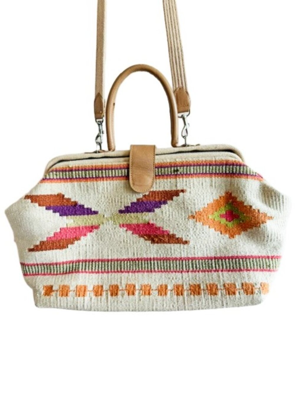 Cotton Woven Carpet Bag Crossbody Satchel Made in India Boho Geometric